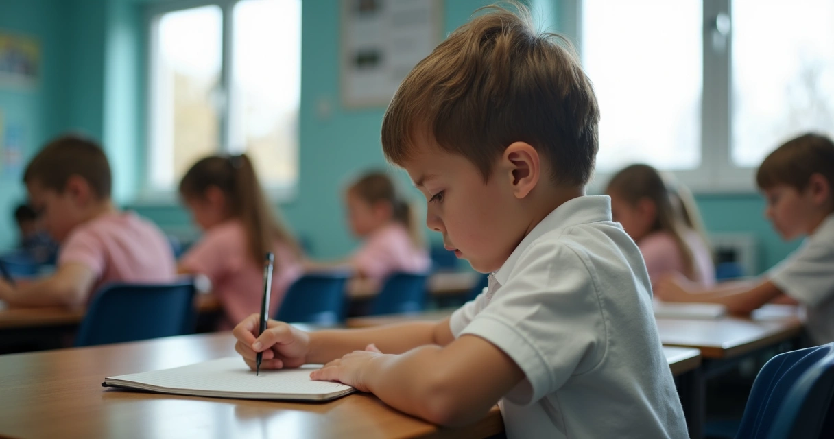 Criança estudando sentada com boa postura em sala de aula 
