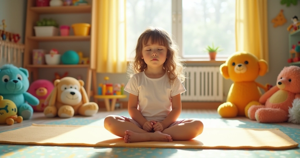 Criança sentada com brinquedos ao redor, praticando mindfulness com olhos fechados 