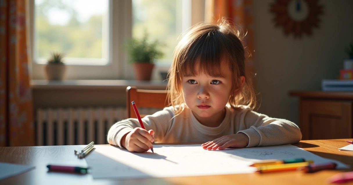 Criança desenhando e com expressão preocupada, sentada à mesa 