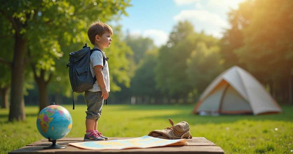 Criança com mochila e roupa confortável pronta para acampamento ao ar livre 