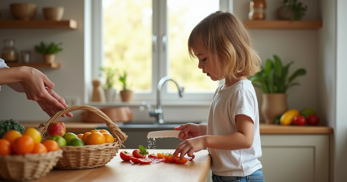 Criança preparando frutas na cozinha 