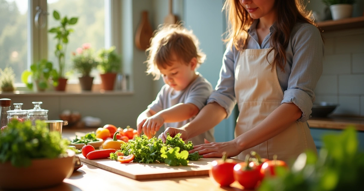 Criança prepara salada com legumes e verduras frescos em ambiente de cozinha doméstica, supervisionada por adulto.