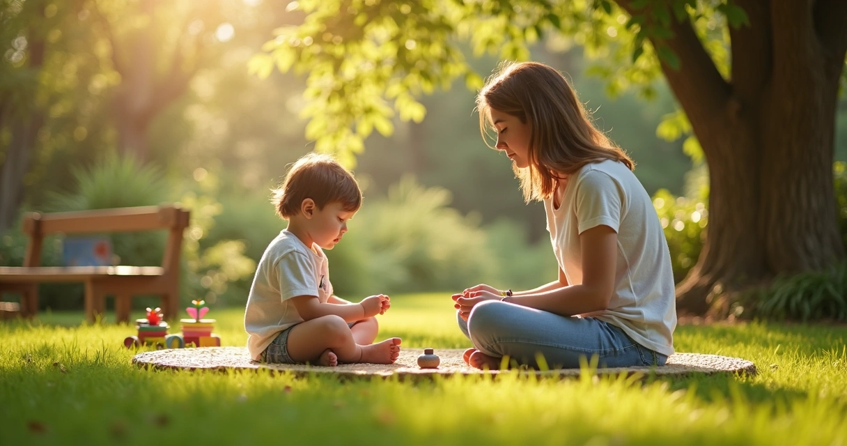 Criança pequena sentada com adulto em jardim praticando presença consciente 