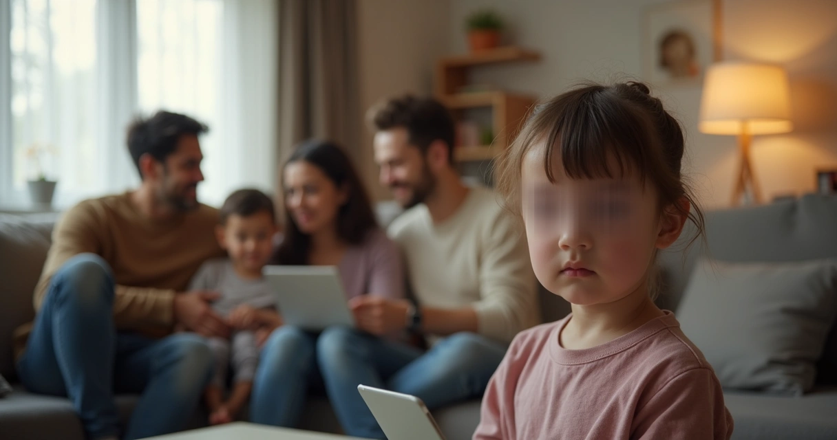 Criança com rosto desfocado em vídeo, adultos ao fundo, referência à LGPD