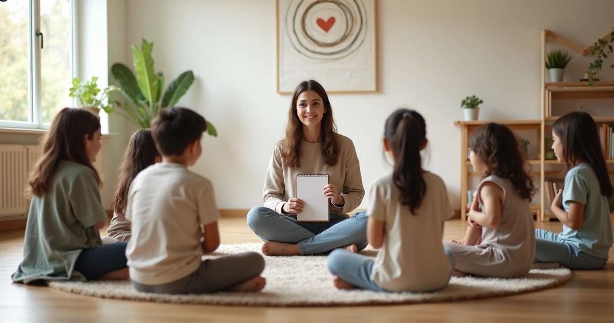 Criança sentada em roda com professora em sala de aula calma e iluminada 