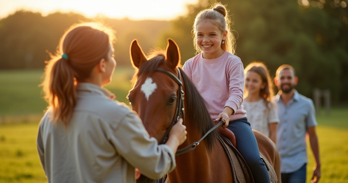 Menina sorridente durante sessão de equoterapia com família ao fundo 