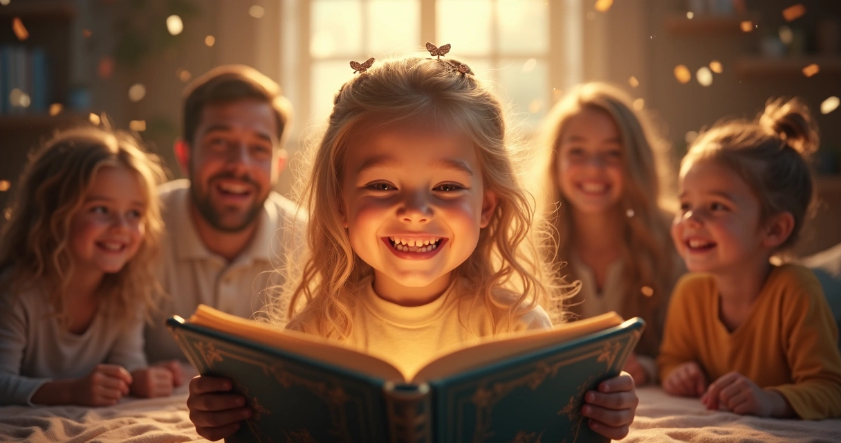 Criança protagonista sorrindo ao final de sua aventura 