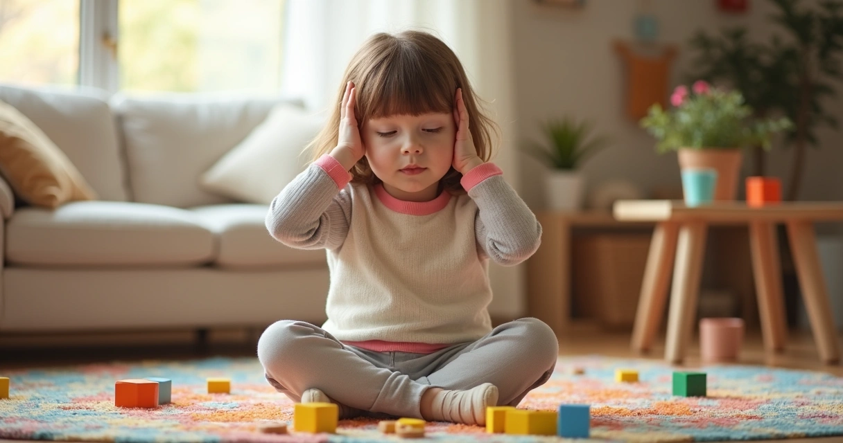 Menina tampando o ouvido sentada em um tapete colorido 