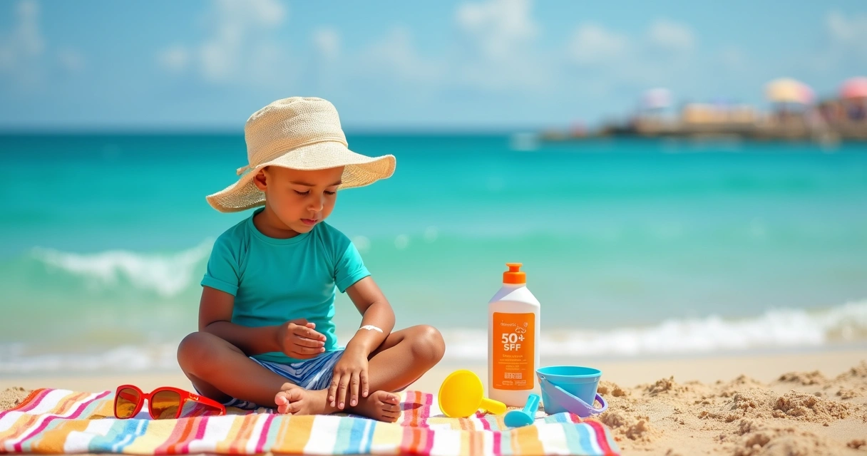 Criança na praia passando protetor solar no braço ao lado de chapéu e brinquedos de areia 
