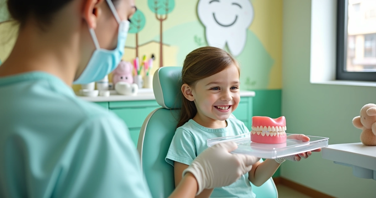Criança sorrindo em consultório odontológico infantil mostrando prótese dentária flexível 