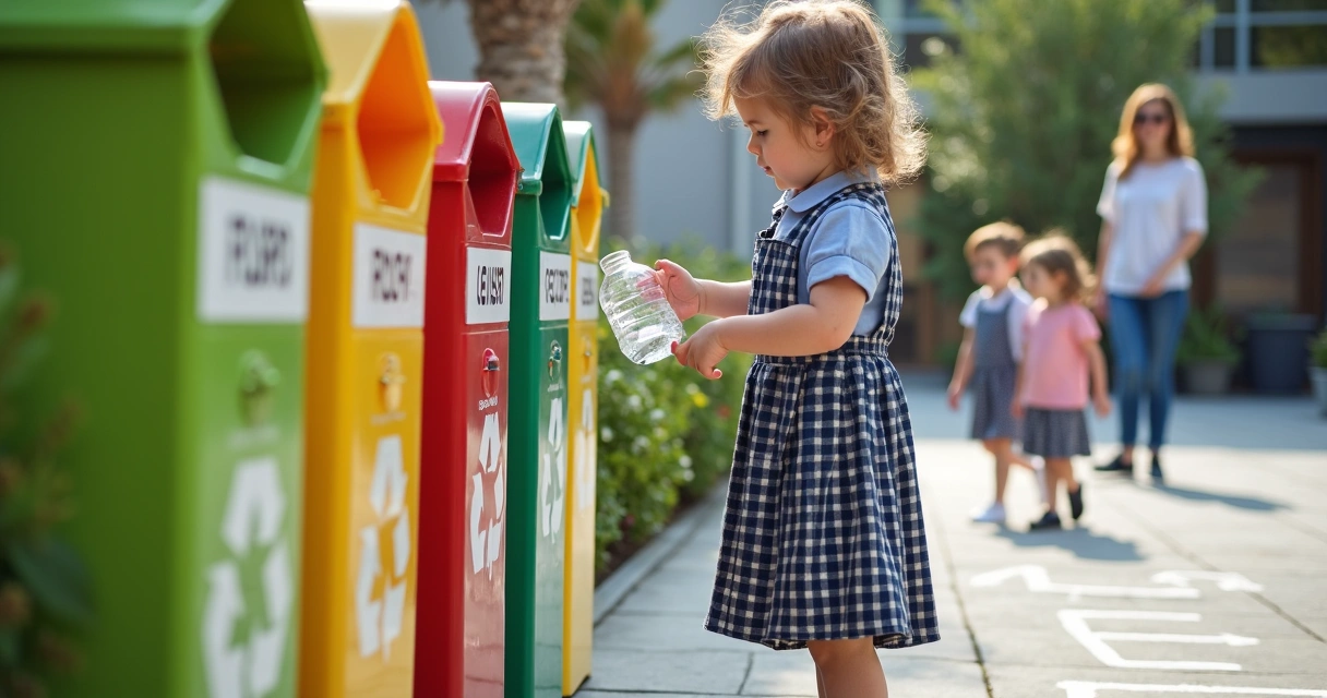 Criança depositando recicláveis em lixeira colorida