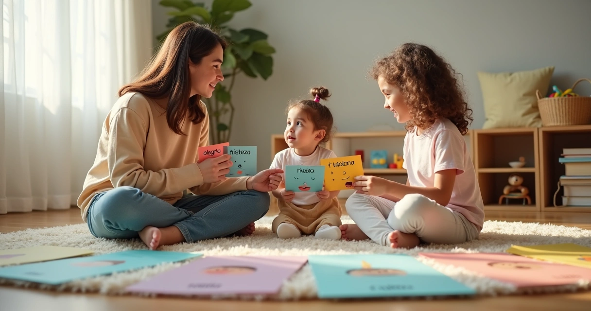 Adulto ensinando criança a nomear emoções com cartões coloridos 