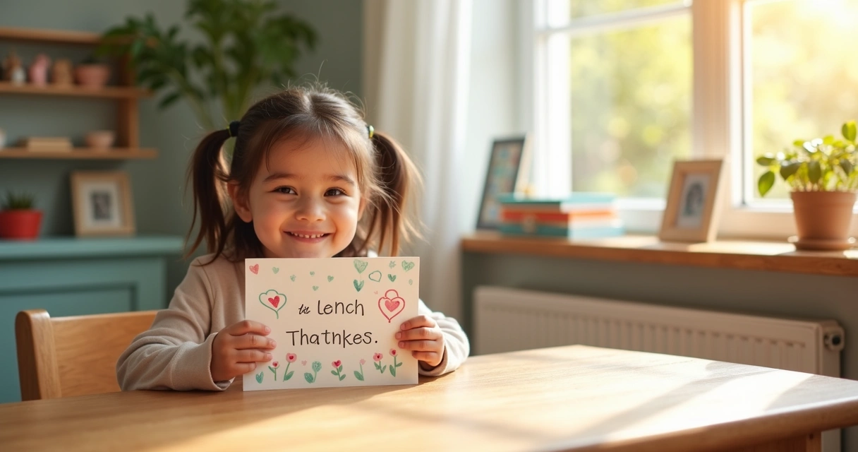 Criança sorrindo agradecendo segurando um cartão de gratidão em ambiente acolhedor e colorido 