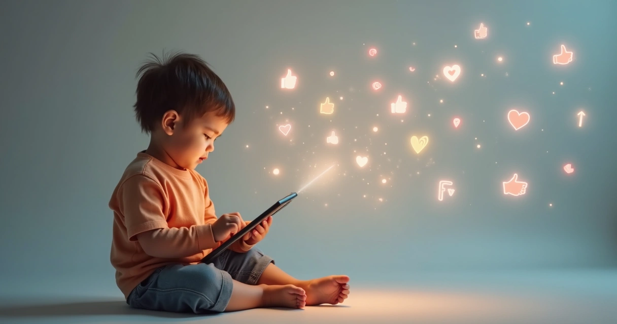 Criança mexendo em tablet rodeada por ícones de redes sociais 