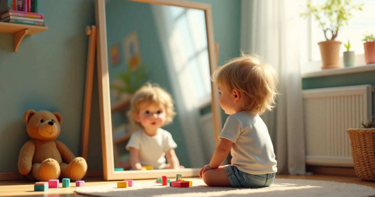 Criança olhando para um espelho, pensativa, refletindo sobre escolhas da vida.