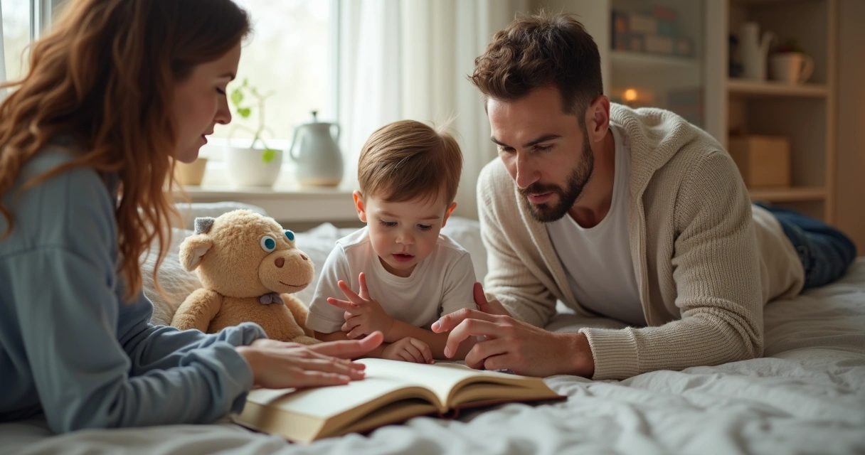 Criança conversando com adultos sobre história 