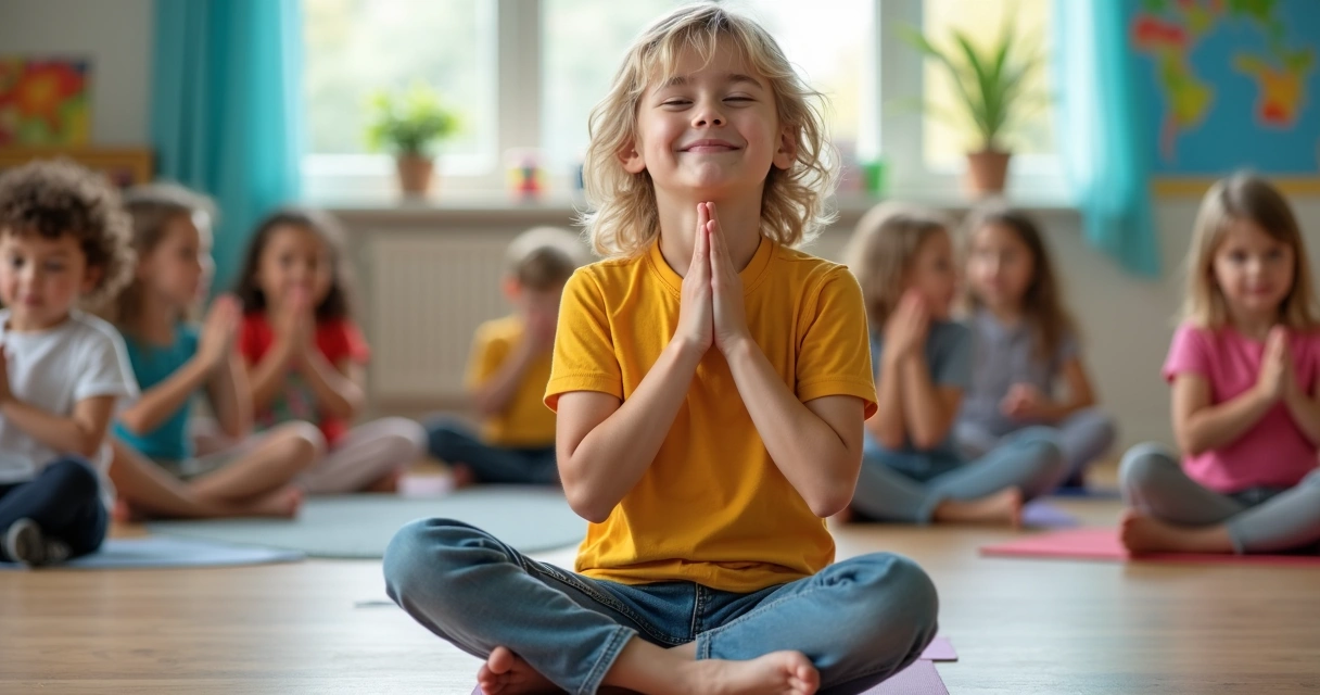 Criança sorrindo praticando respiração criativa em sala colorida