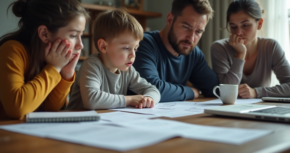 Criança sentada à mesa com adultos, olhando documentos