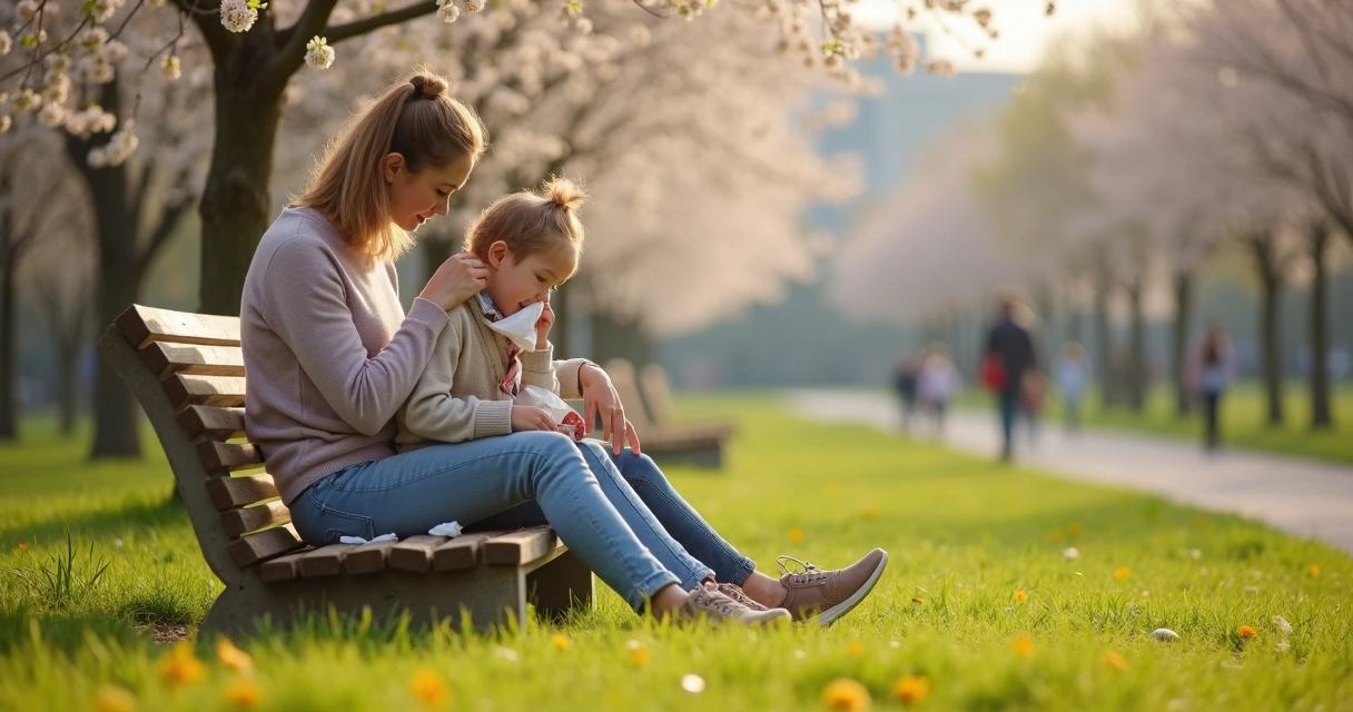 Criança esfregando o nariz em parque de primavera com mãe oferecendo lenço 