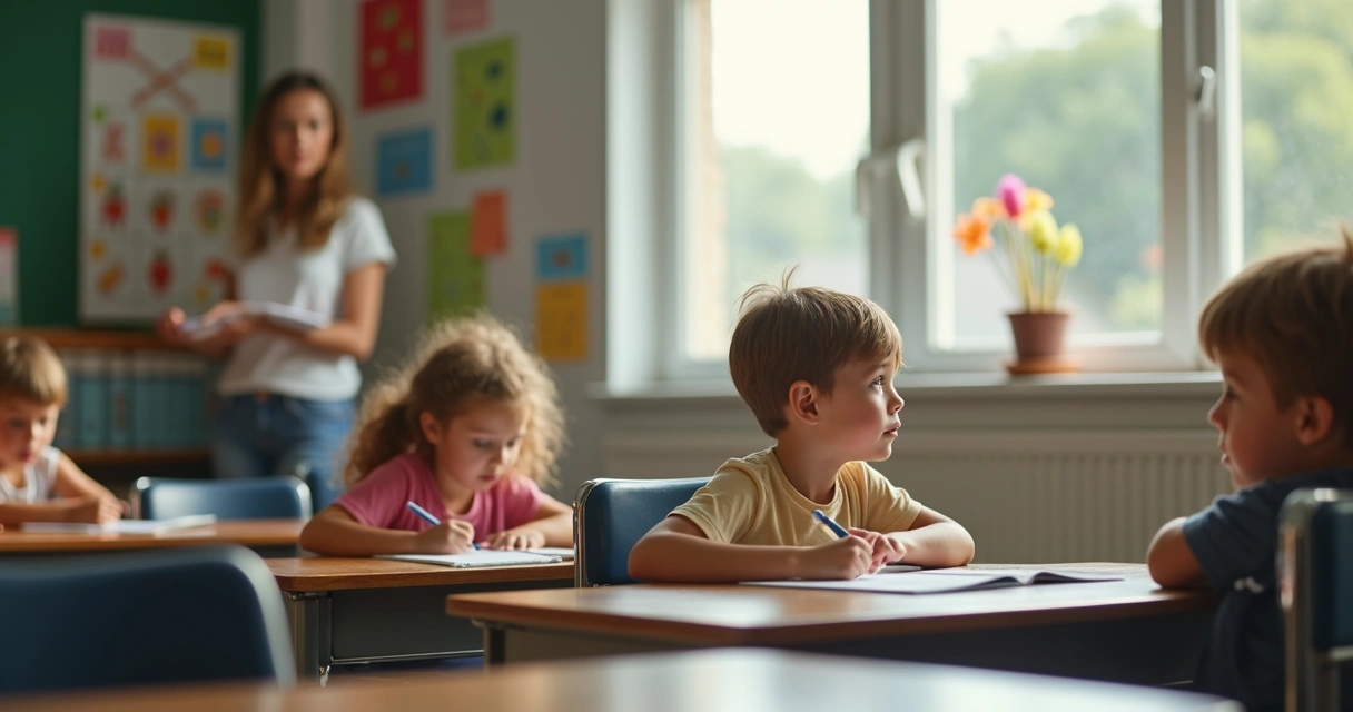Criança distraída em sala de aula, olhando pela janela enquanto colegas escrevem 