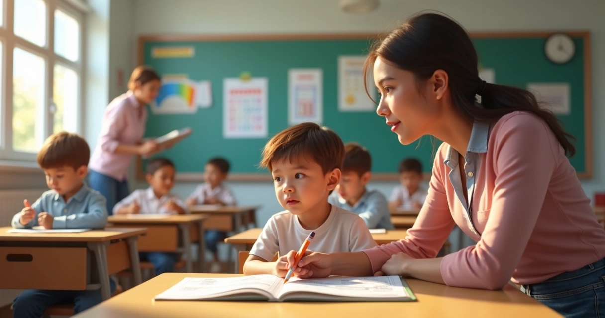 Criança em idade escolar com TDAH sendo acolhida por professora e pais em sala de aula 