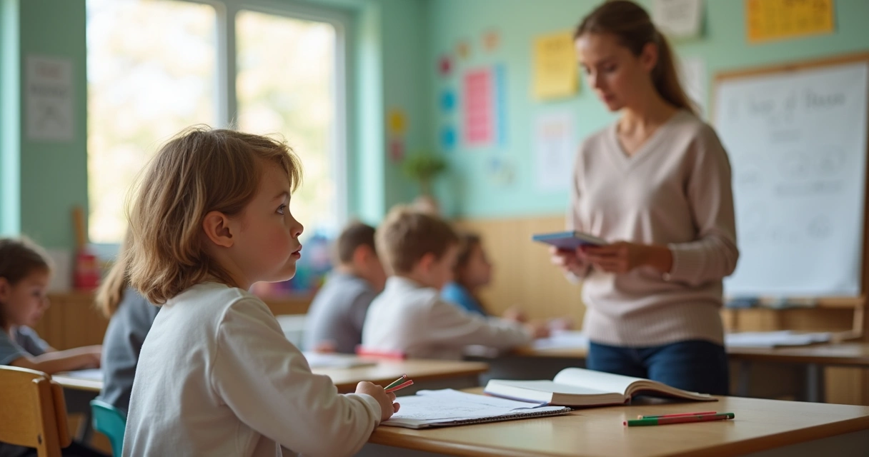Criança em sala de aula com pequeno tique facial enquanto professora observa com atenção tranquila 