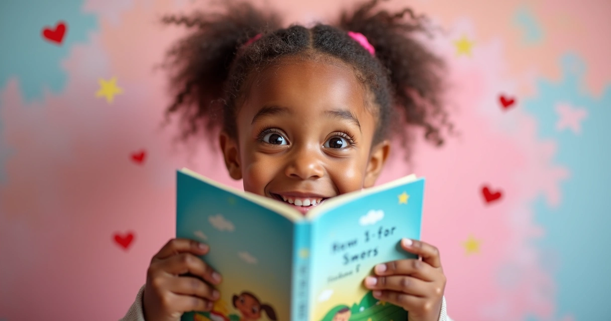 Criança feliz segurando um livro colorido 