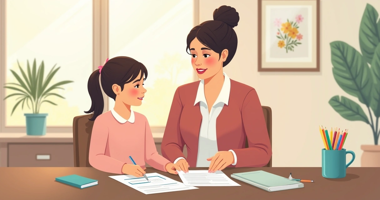 Mãe avaliando documentos de seguro ao lado da filha pequena 