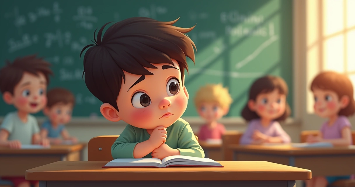 Criança introspectiva com expressão sensível lendo um livro em ambiente escolar 