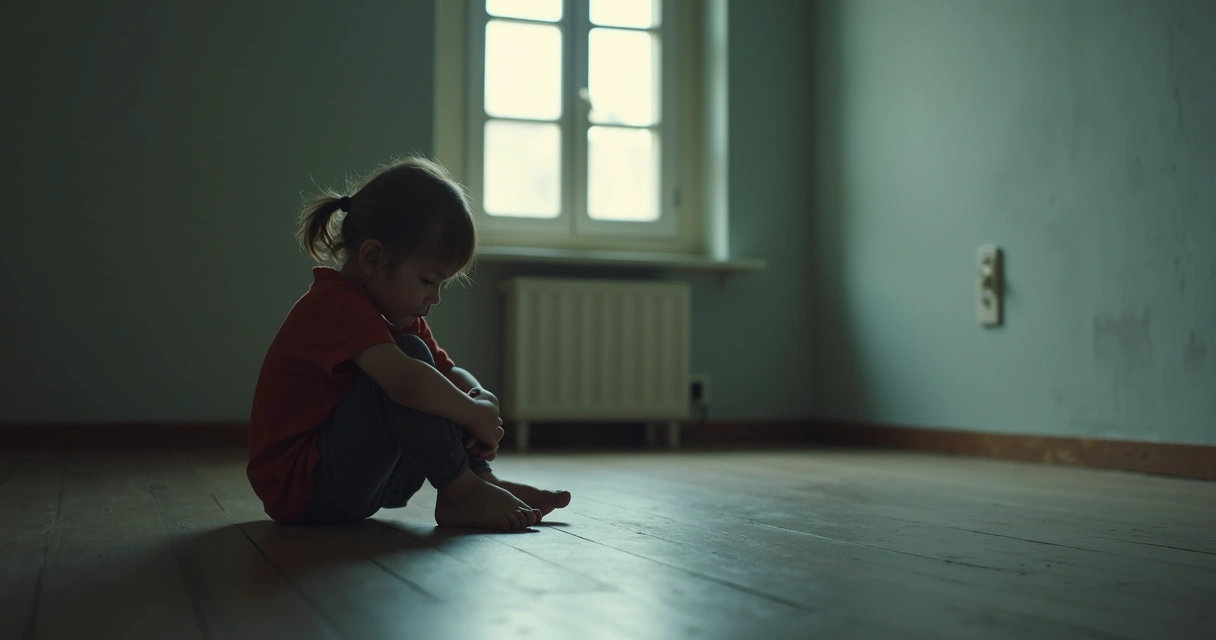 Criança sentada sozinha em uma sala, olhando para baixo 