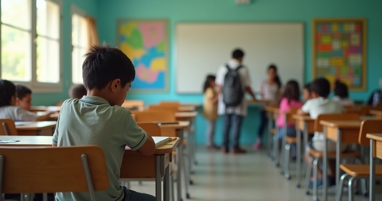 Criança isolada em sala de aula enquanto colegas interagem ao fundo 