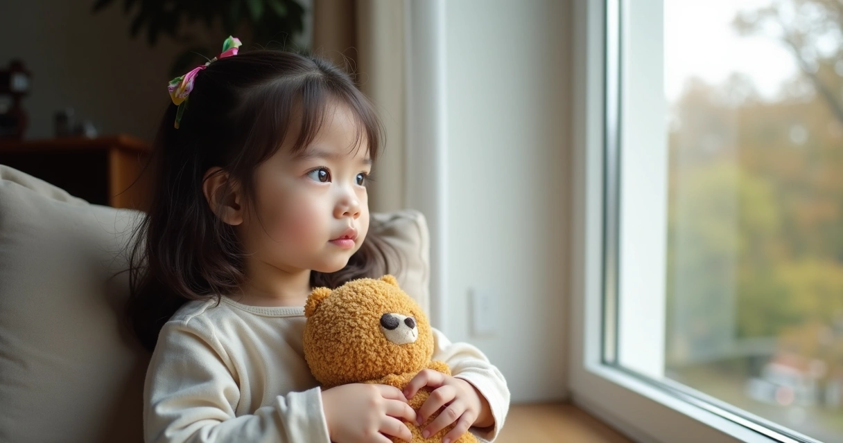 Menina olhando pela janela com expressão pensativa 