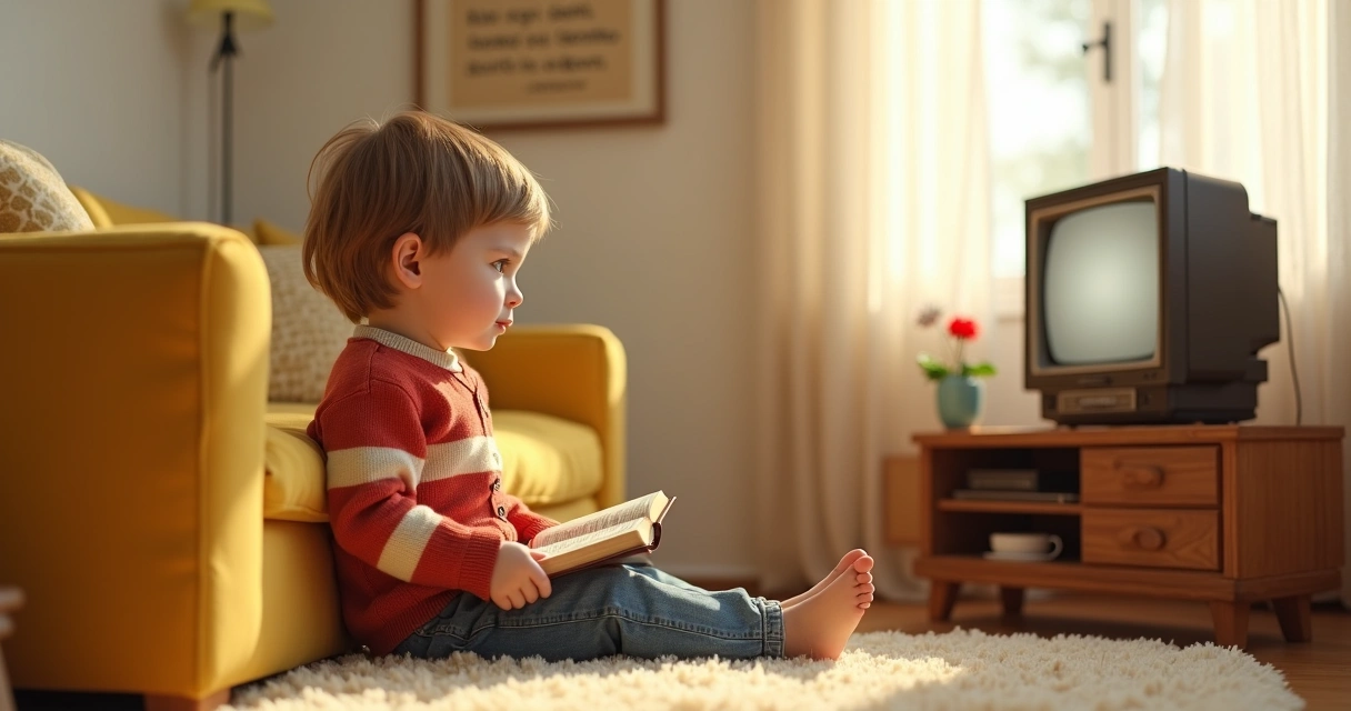 Criança em sala acolhedora assistindo TV com versículo bíblico na parede 