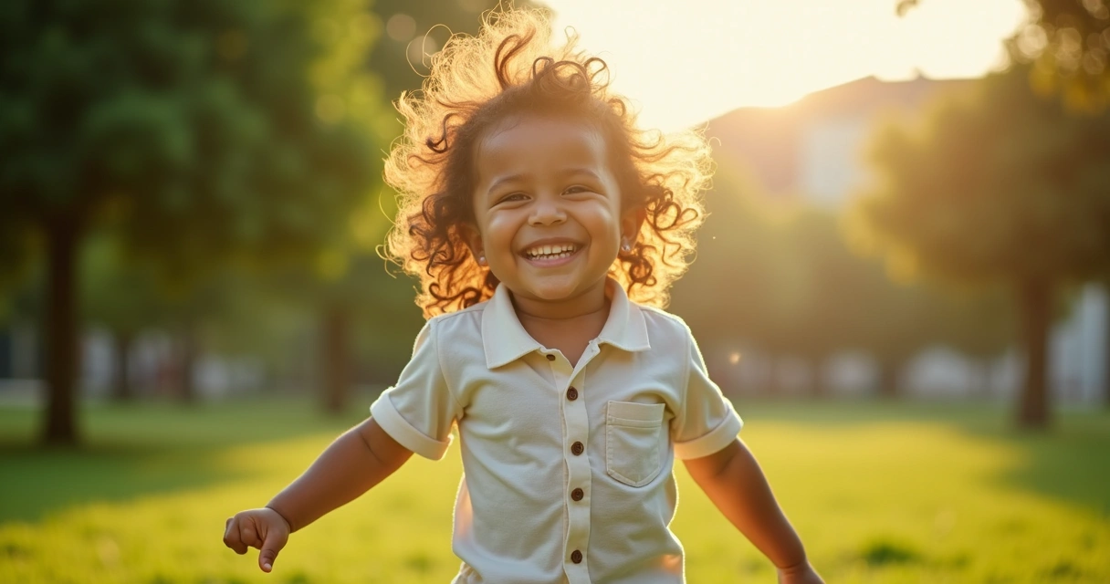 Criança sorrindo ao ar livre com sol suave no rosto 