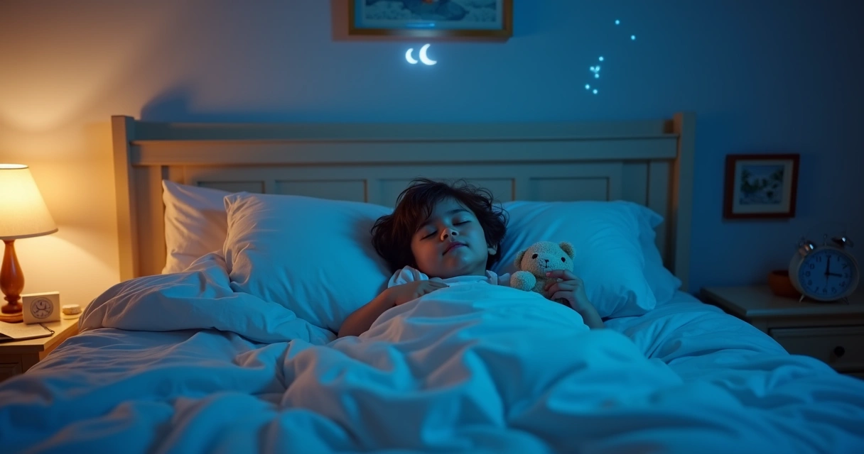 Criança dormindo em quarto escuro com luz suave azul 