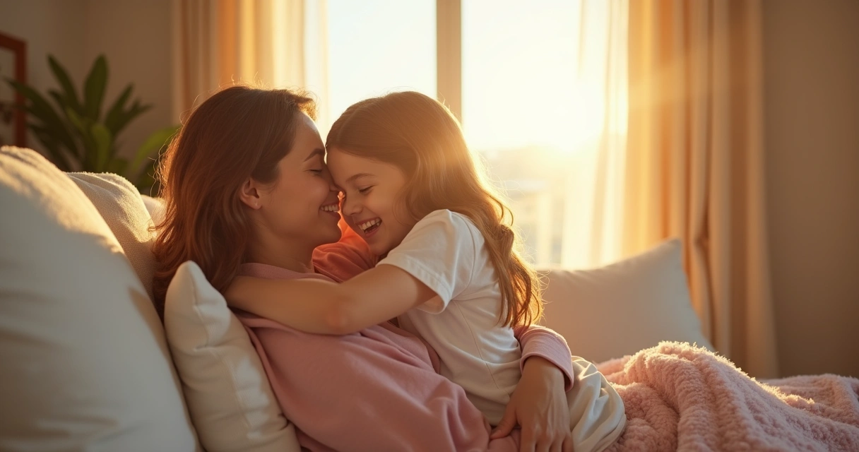 Mãe abraçando filha sorridente no colo, ambiente aconchegante 