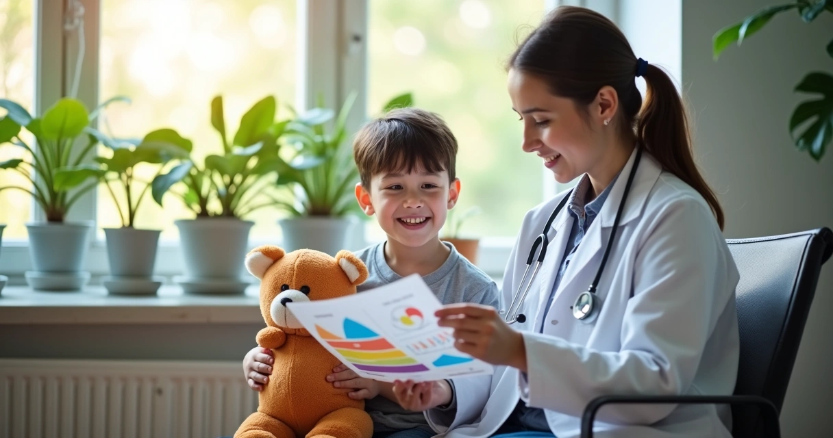 Criança sentada ao lado do médico em consulta pediátrica