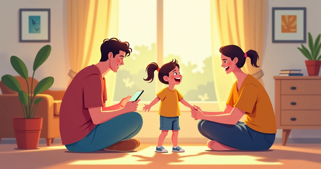 Criança sorrindo ao lado dos pais na sala de estar 