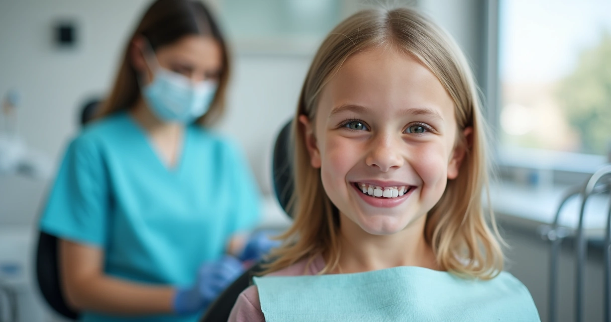 Criança sorrindo com prótese flexível, destaque aos dentes da frente 