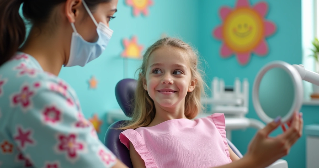 Menina sorrindo durante consulta odontológica infantil. 