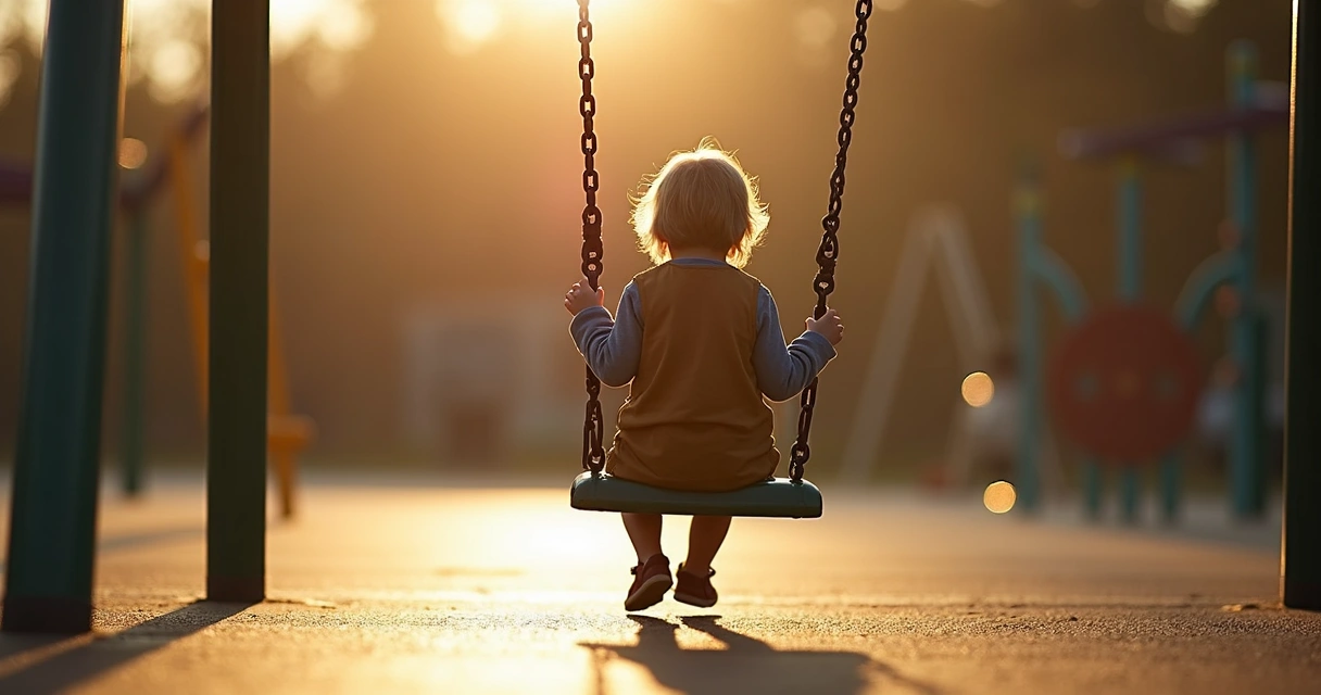 Criança sentada sozinha em um parquinho vazio 