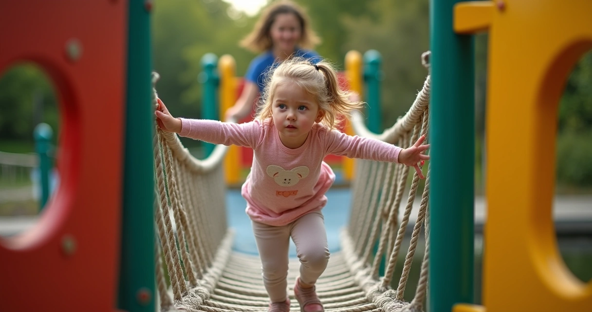 Menina pequena atravessando uma ponte de corda em um parquinho 