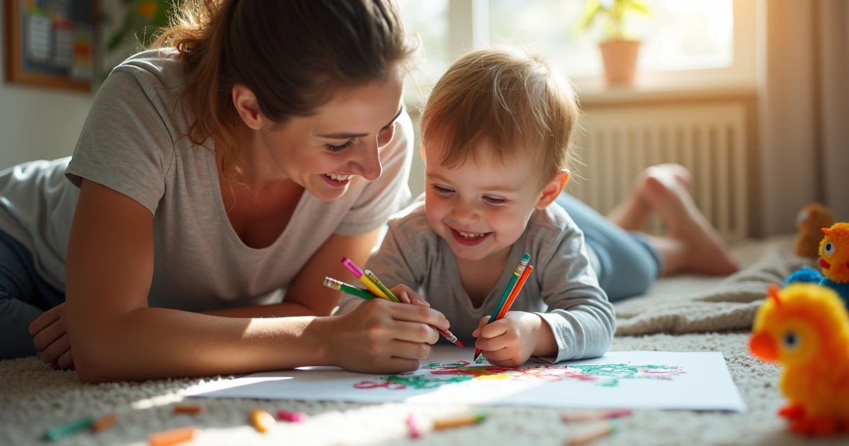 Criança desenha monstros e sorri ao lado de adulto 