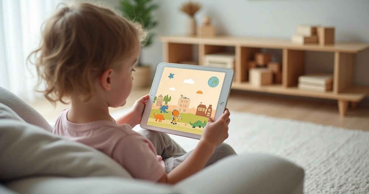 Criança pequena usando app infantil calmo em tablet em ambiente tranquilo 
