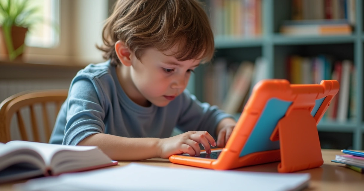 Criança com tablet protegido por capa colorida em mesa de estudos 