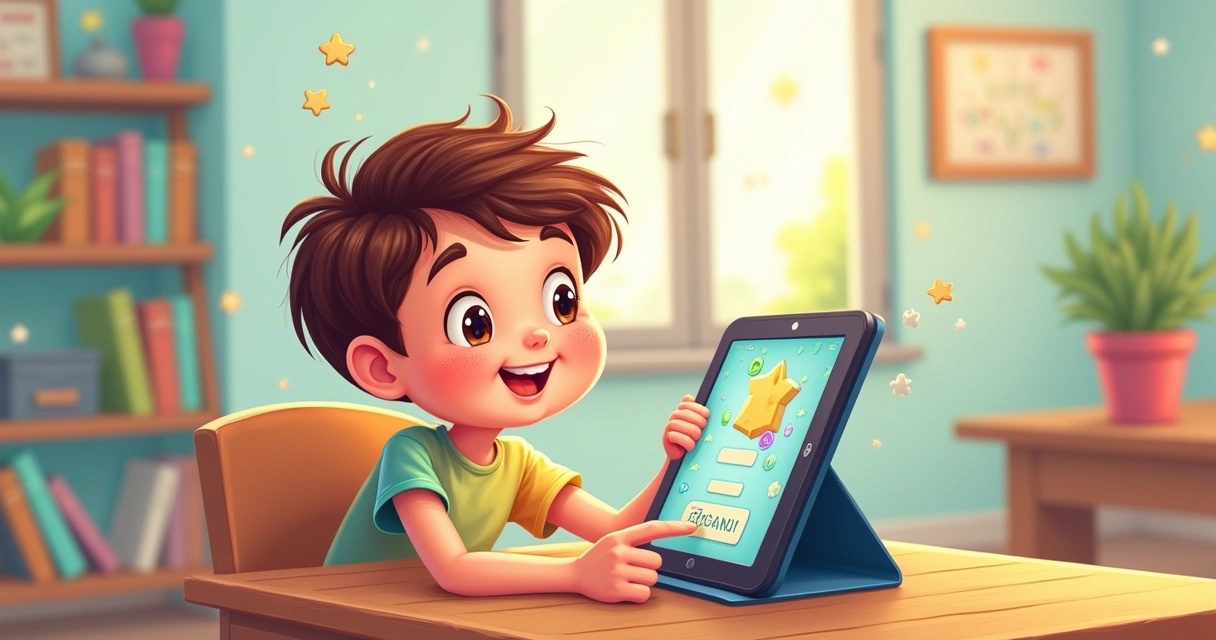 Criança jogando um jogo de inglês no tablet 