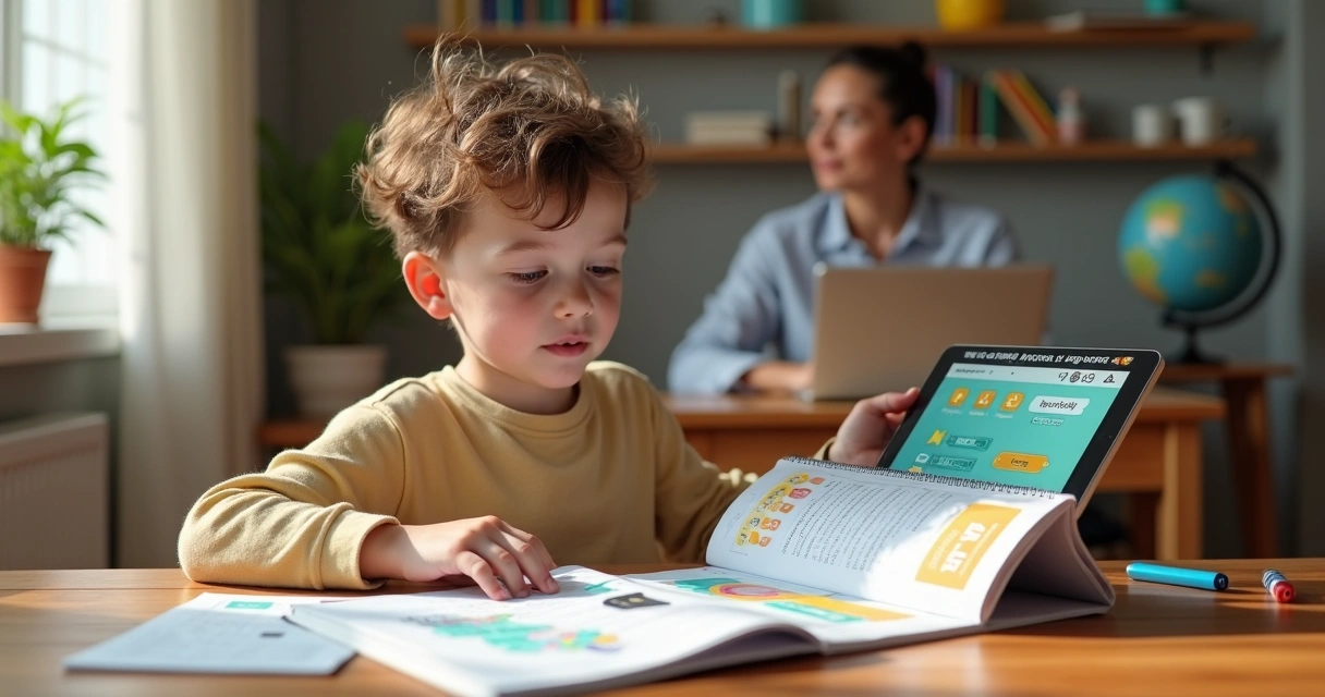 Criança usando tablet ao lado de livros transformando material escolar em digital 