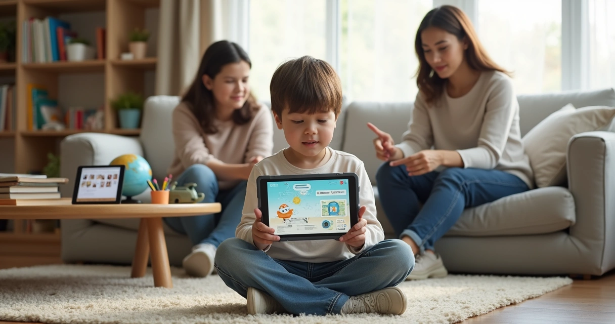 Pais orientando criança usando tablet em ambiente doméstico tranquilo 