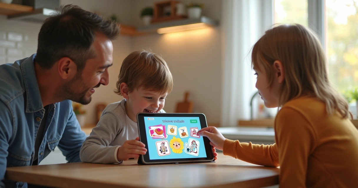 Criança usa tablet para aprender inglês com a família 