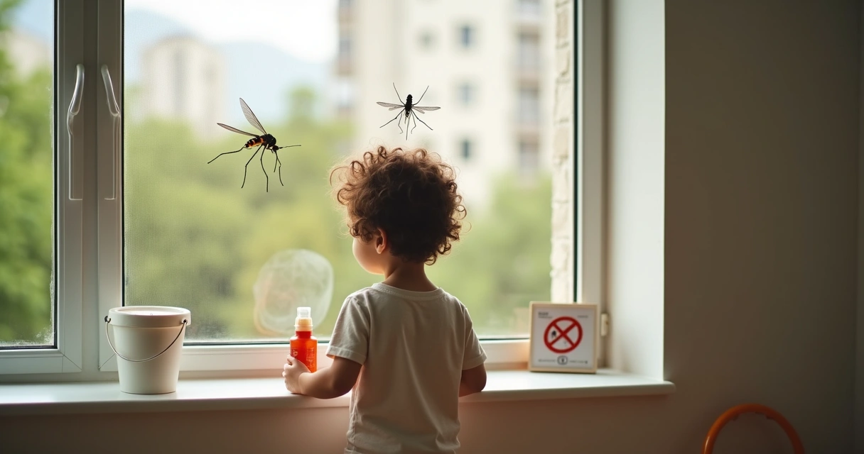 Criança olhando janela com tela de proteção contra mosquitos 